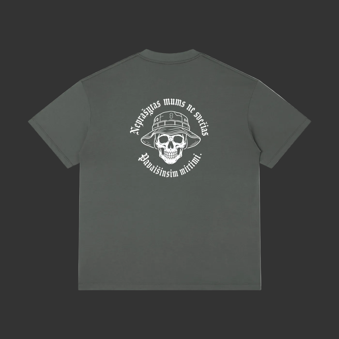 Gray t-shirt with skull design and text on the back against a white background