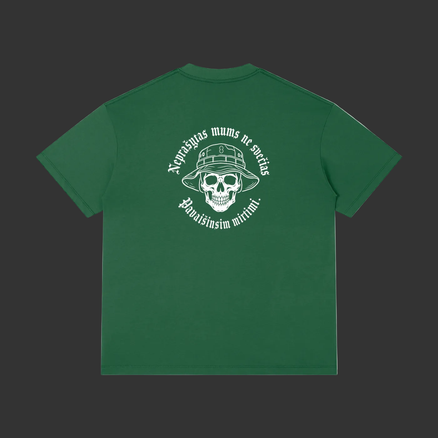 Green t-shirt with a skull and text design on the back against a white background