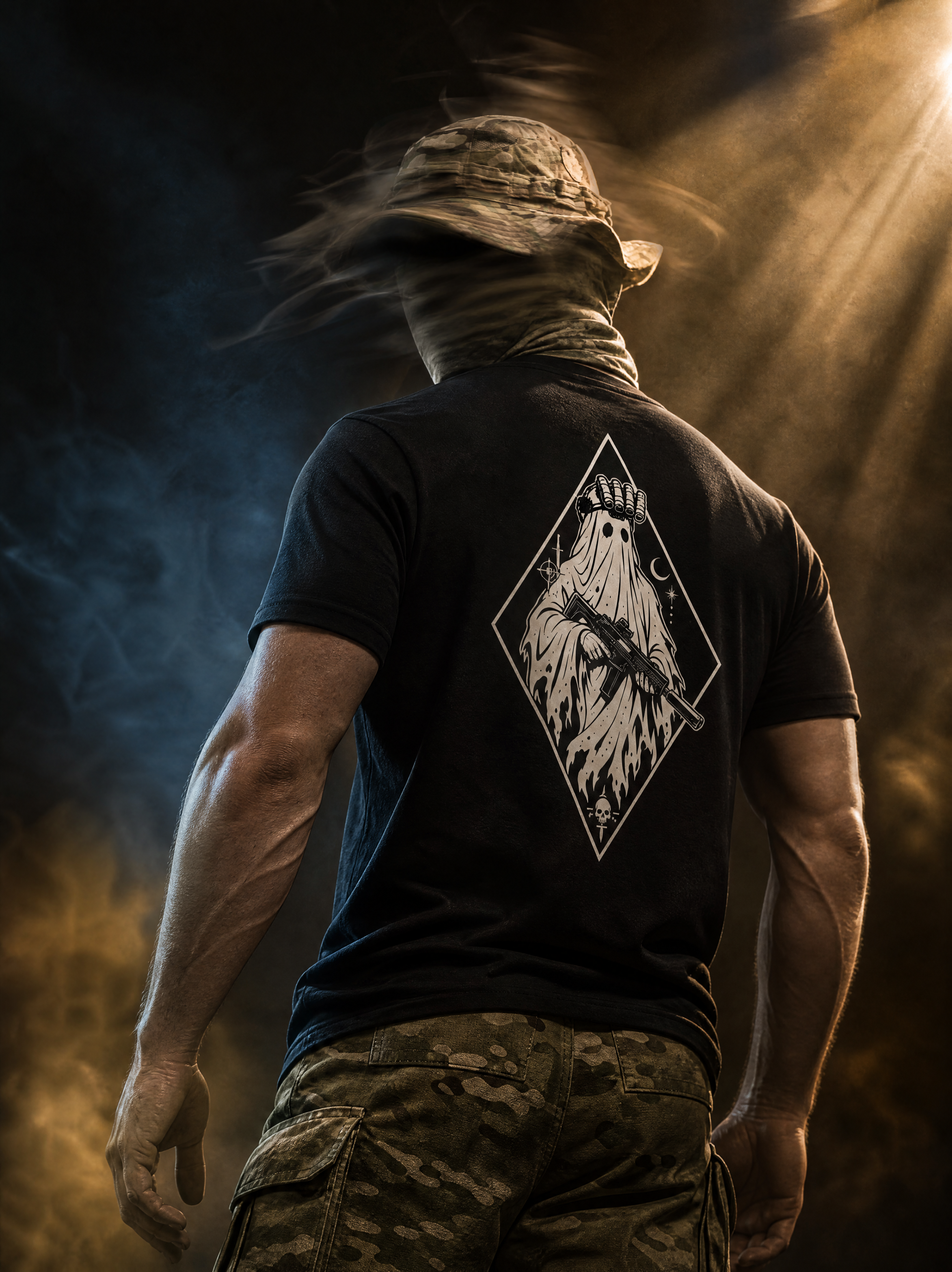 Person wearing a black t-shirt with a graphic design, standing in a smoky, dramatic setting.