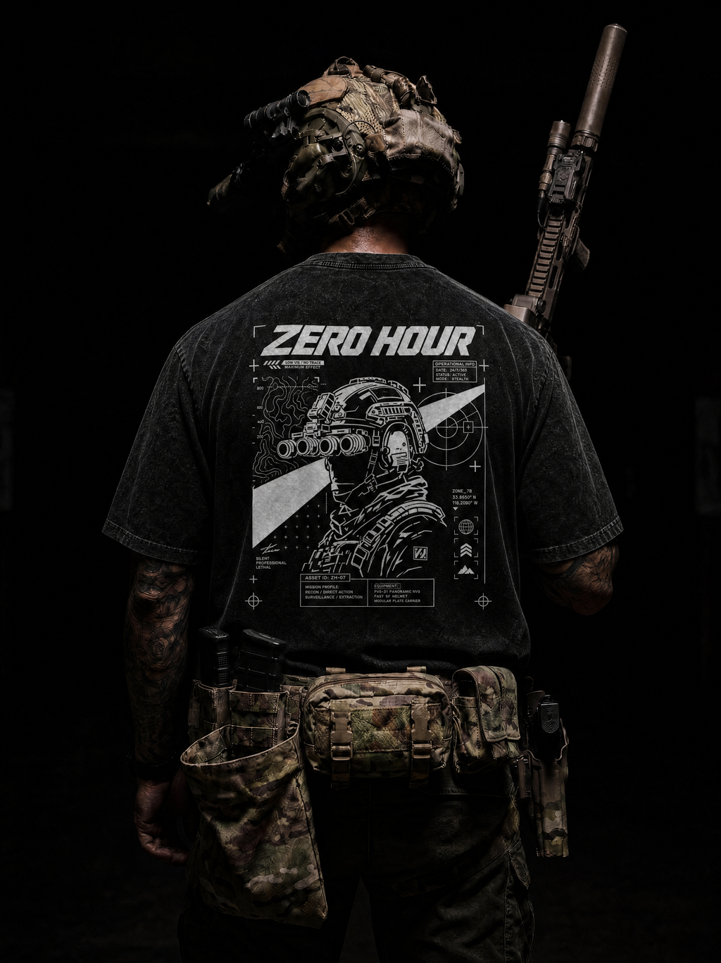 Person wearing a black t-shirt with 'Zero Hour' design and holding a rifle on a dark background