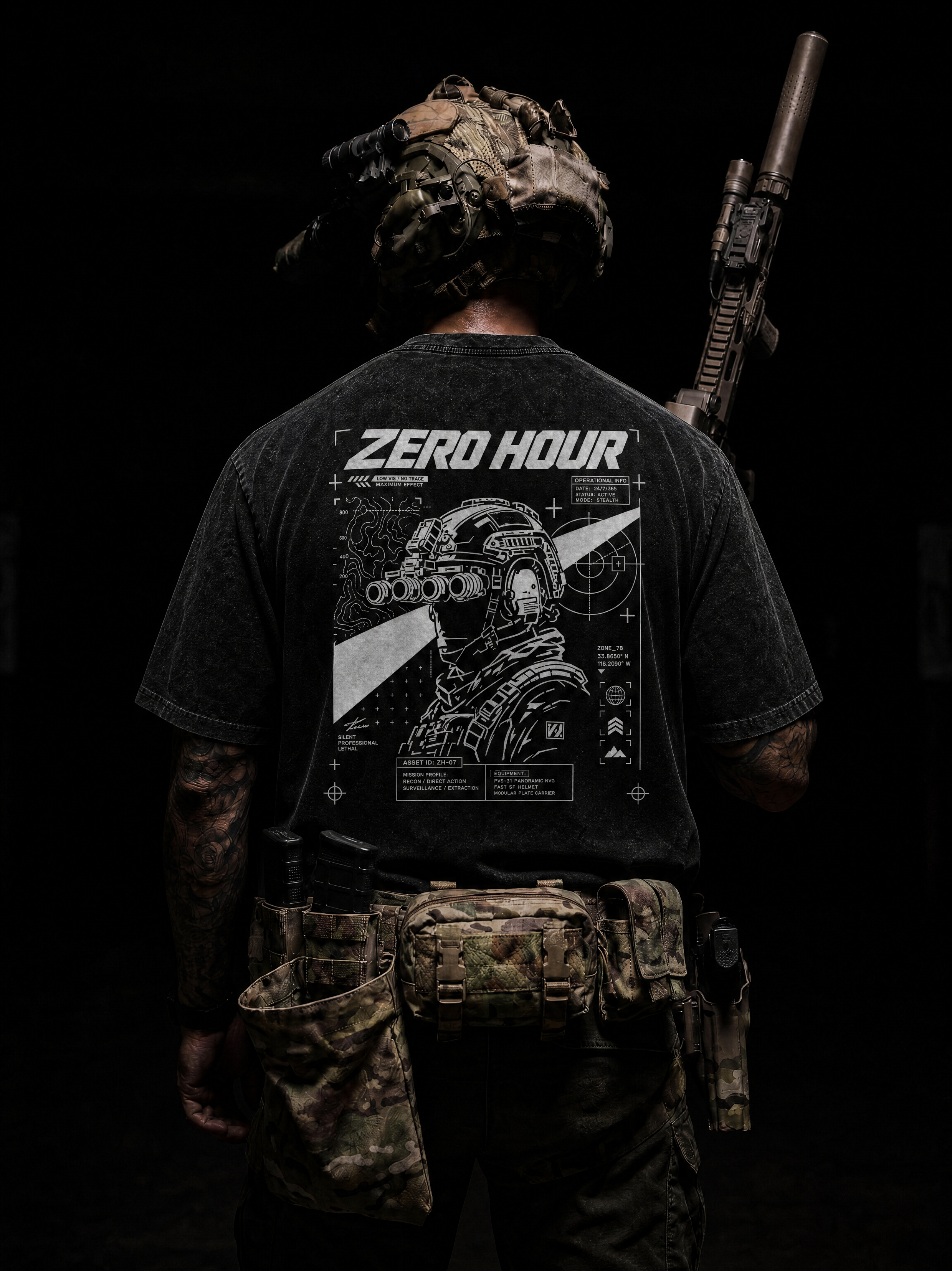Person wearing a black t-shirt with 'Zero Hour' design and holding a rifle on a dark background