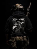 Person wearing a black hoodie with 'Zero Hour' design and camouflage gear on a dark background