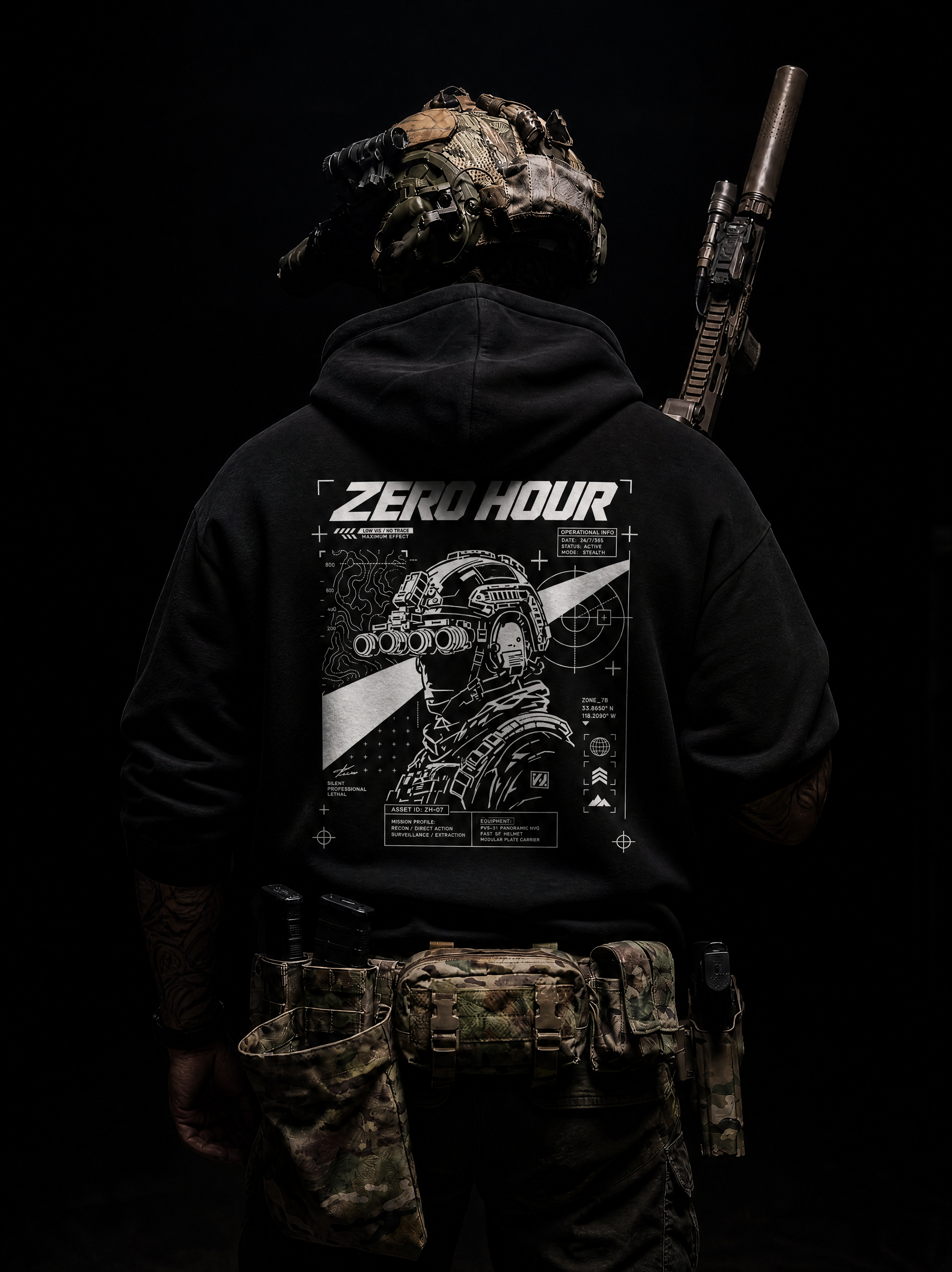 Person wearing a black hoodie with 'Zero Hour' design and camouflage gear on a dark background