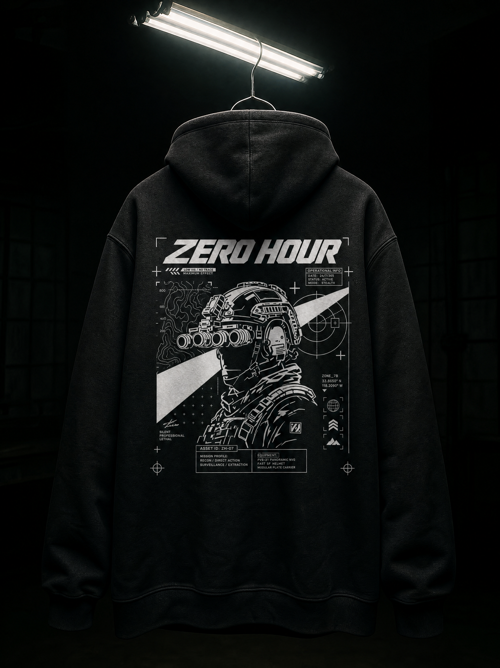 Black hoodie with 'Zero Hour' graphic design on a dark background