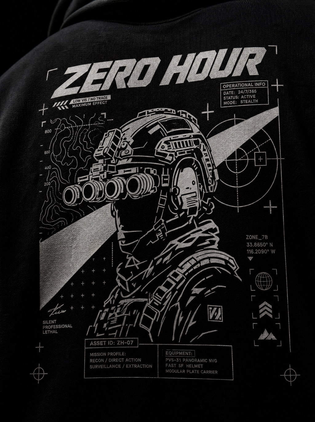 Black t-shirt with a graphic design of a person in tactical gear and 'Zero Hour' text on a dark background