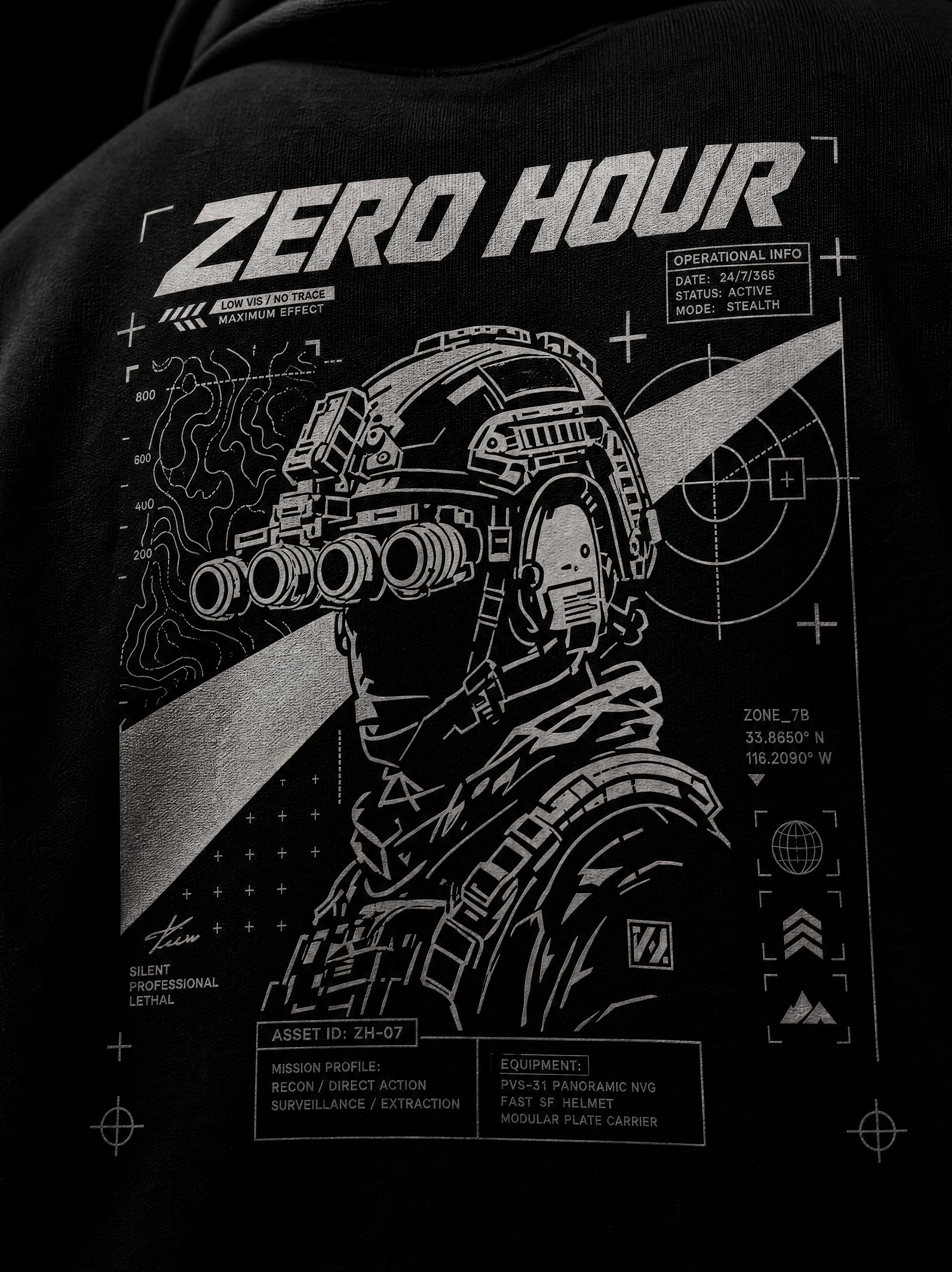 Black t-shirt with a graphic design of a person in tactical gear and 'Zero Hour' text on a dark background