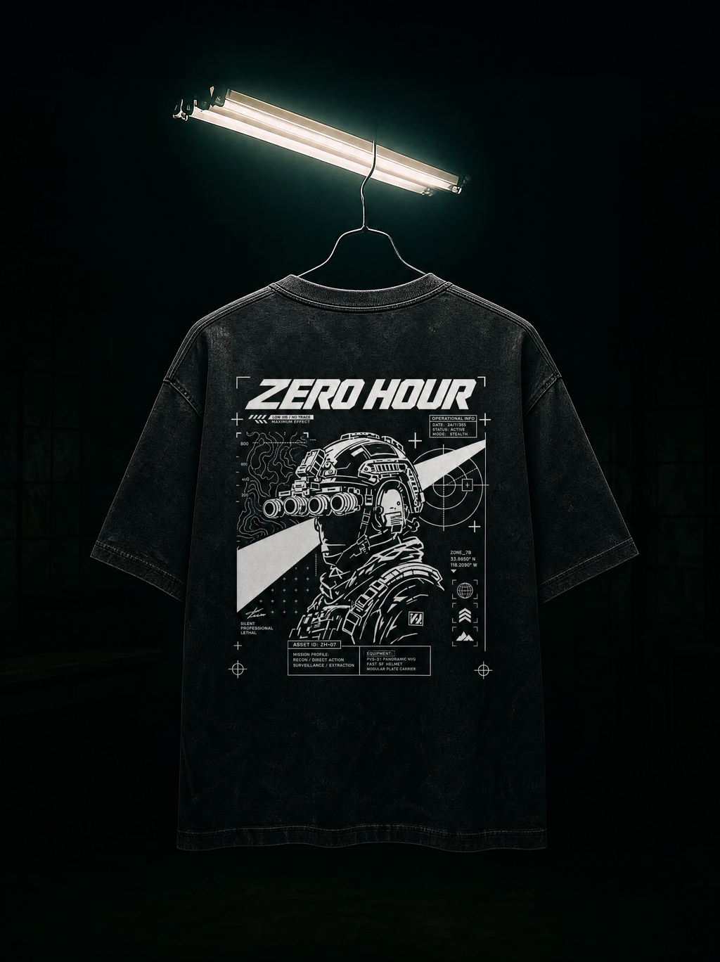 Black t-shirt with 'Zero Hour' graphic design on a hanger against a black background