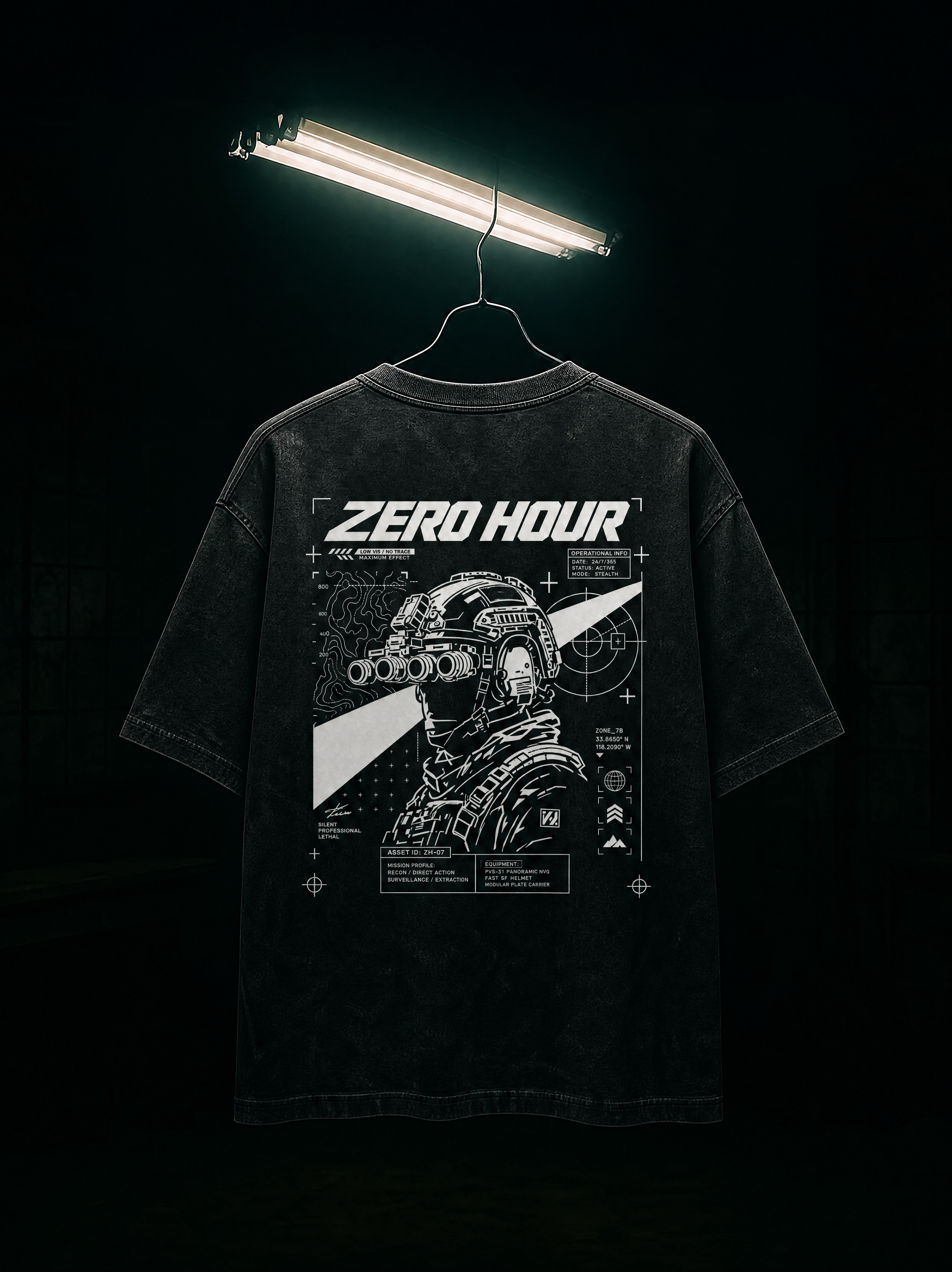Black t-shirt with 'Zero Hour' graphic design on a hanger against a black background