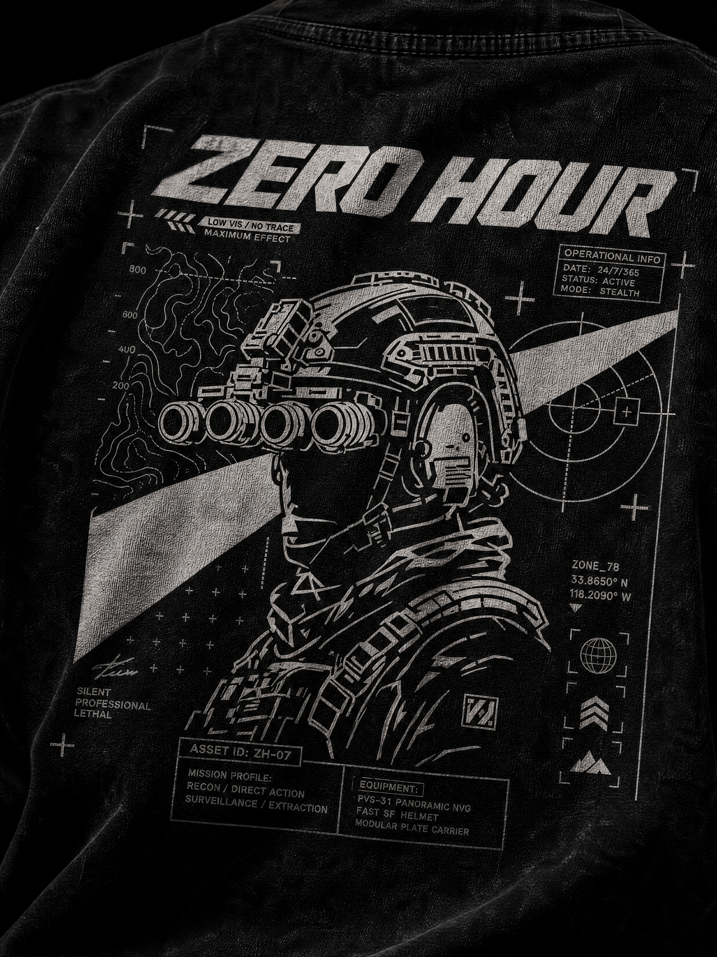 Black t-shirt with a futuristic soldier design and 'Zero Hour' text on the back.