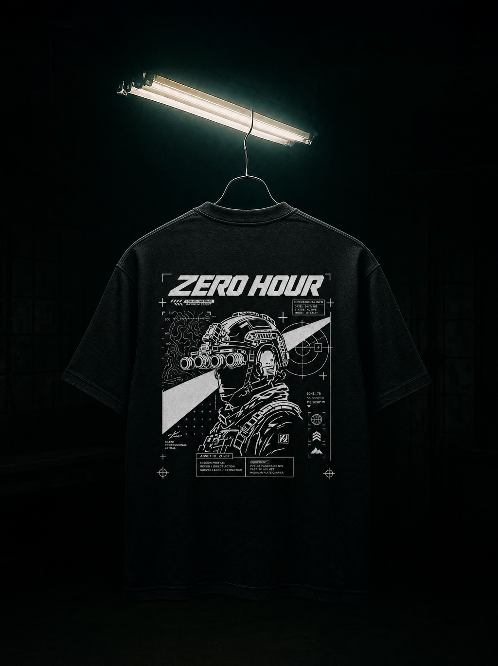 Black t-shirt with 'Zero Hour' graphic design on a dark background