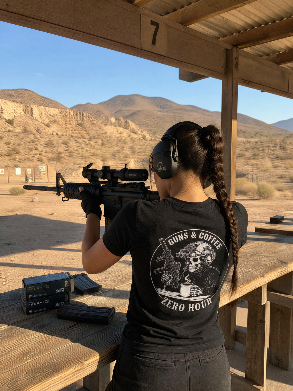 Person holding a rifle at a shooting range with mountains in the background