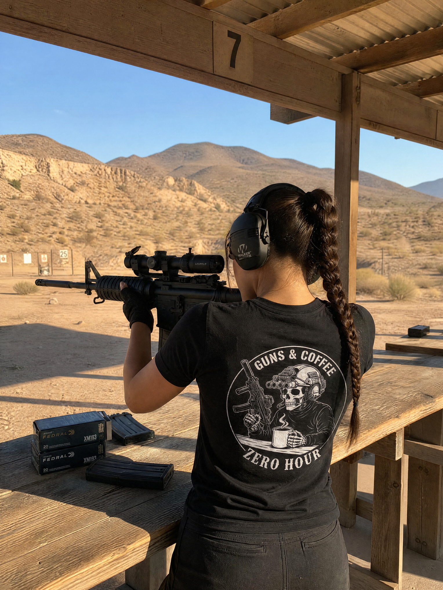 Person holding a rifle at a shooting range with mountains in the background