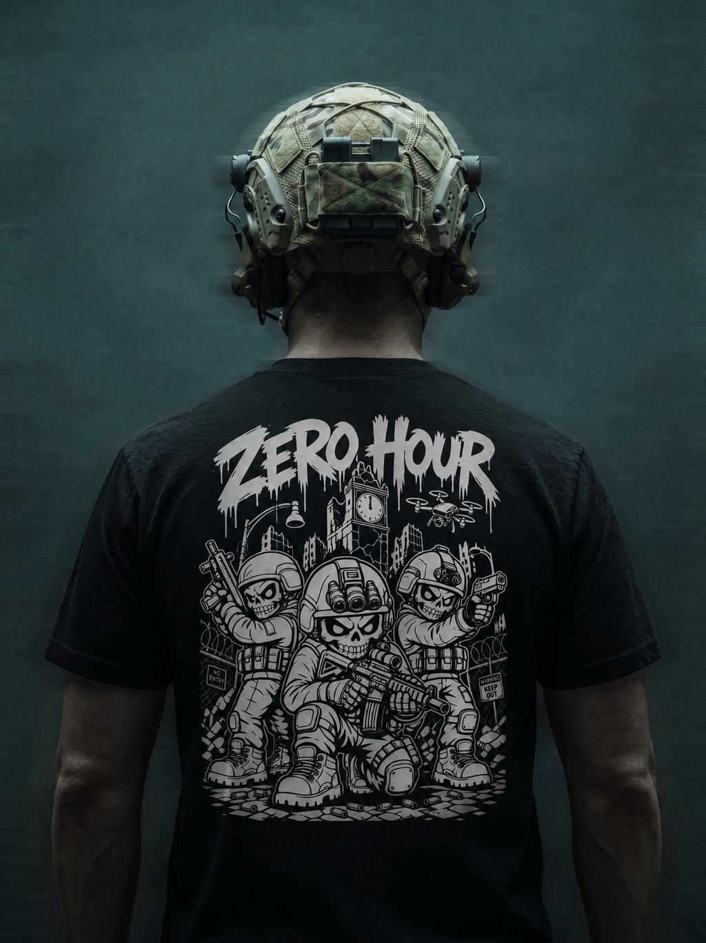 Person wearing a black t-shirt with 'Zero Hour' graphic design and a helmet on a dark background