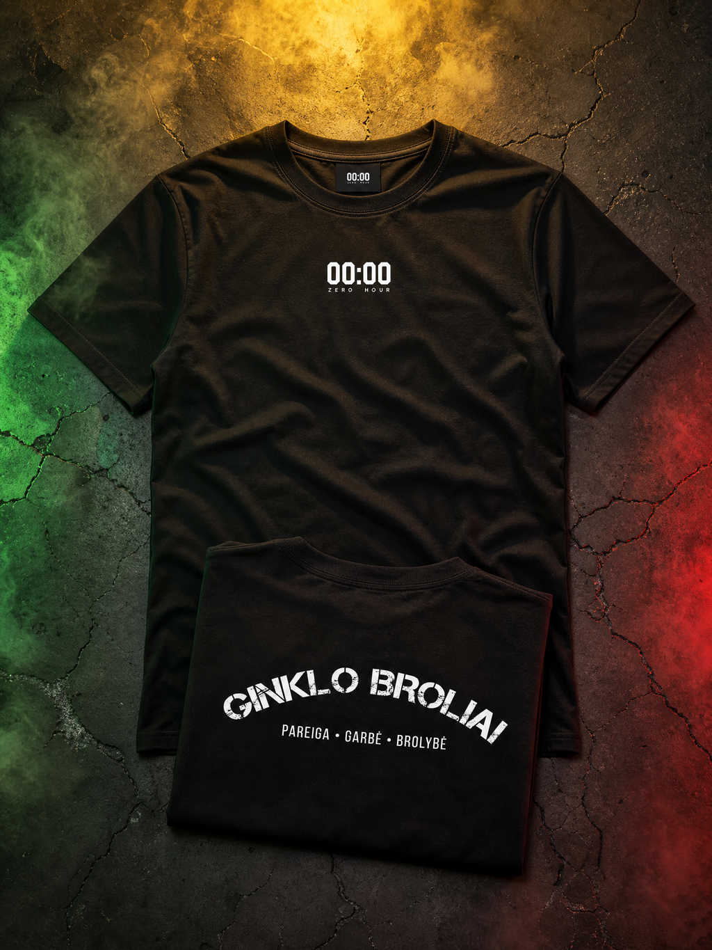 Black t-shirt with text on a textured surface with colorful lighting