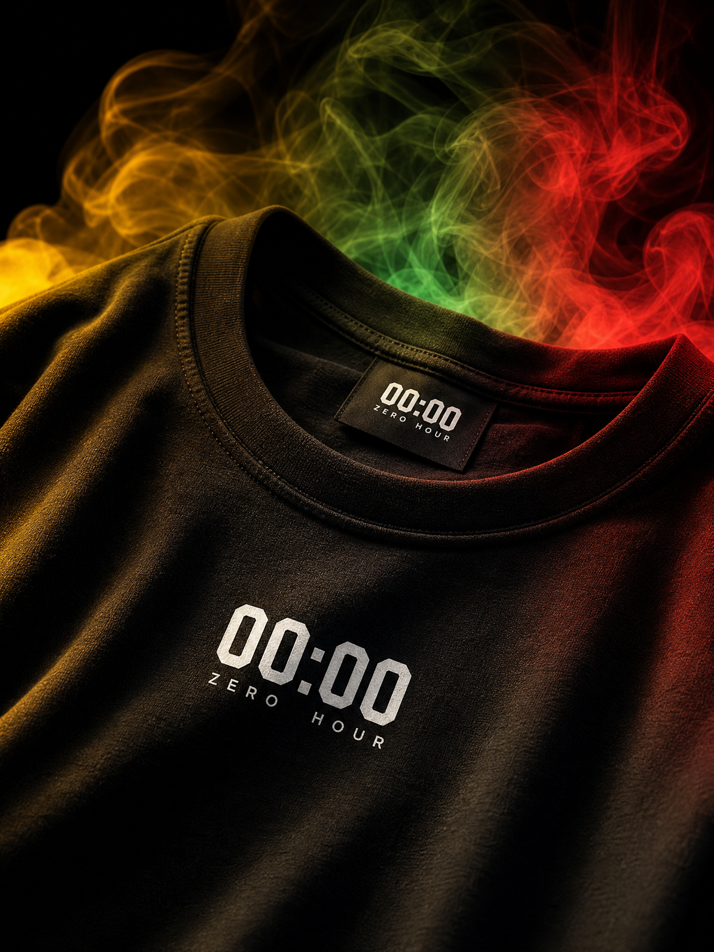Black t-shirt with '00:00 Zero Hour' logo and colorful smoke effect