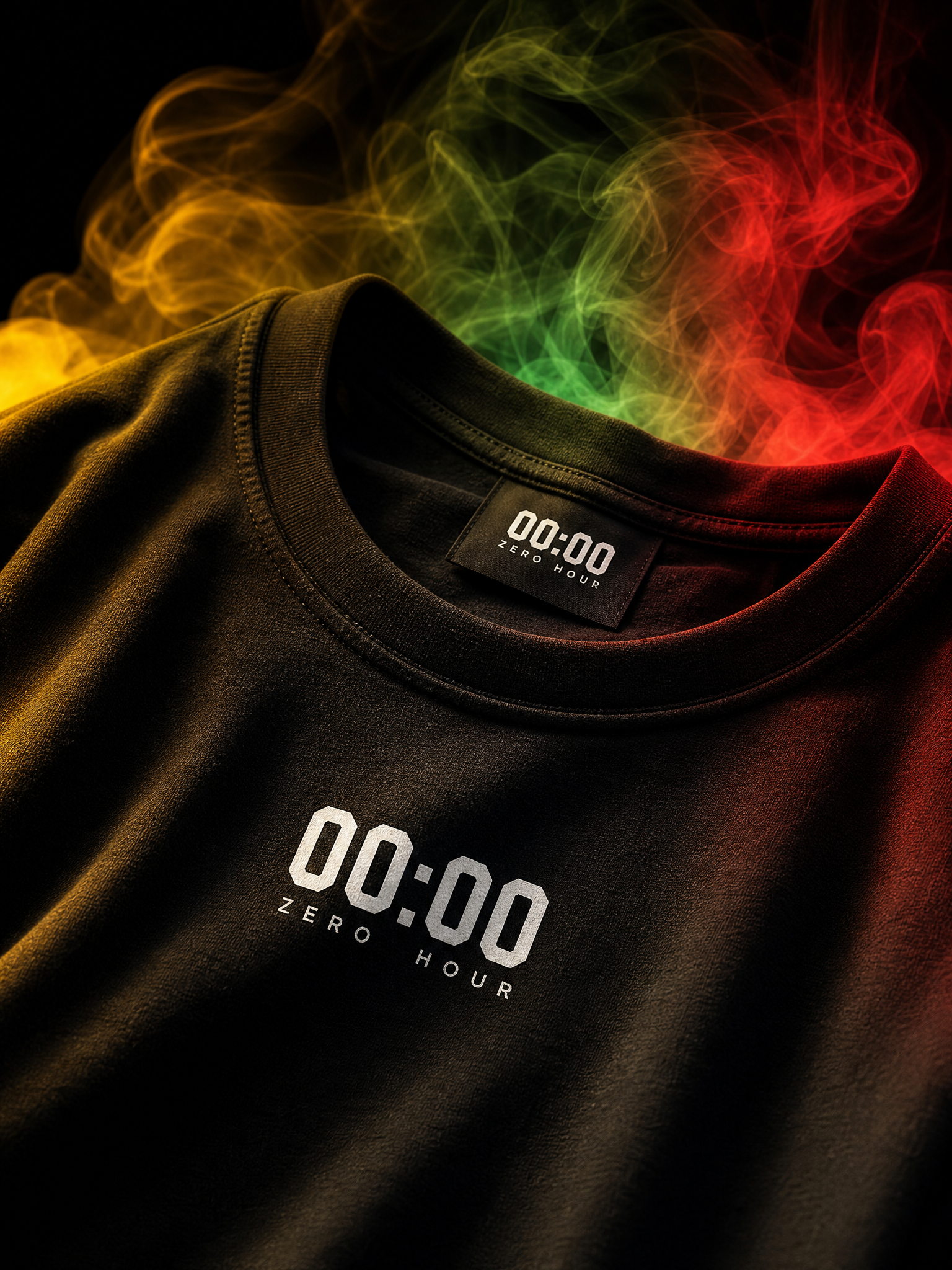 Black t-shirt with '00:00 Zero Hour' logo and colorful smoke effect