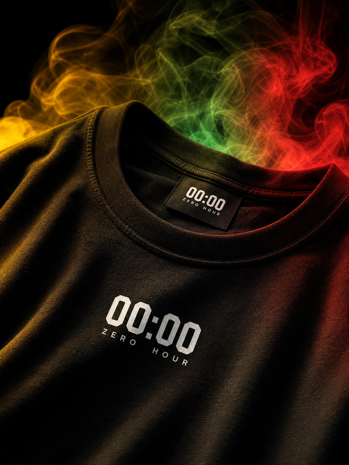 Black t-shirt with '00:00 Zero Hour' logo and colorful smoke effect