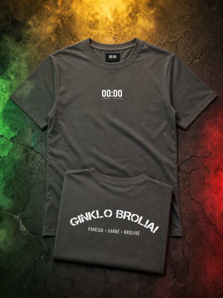 Gray t-shirt with text on a textured surface with colorful background