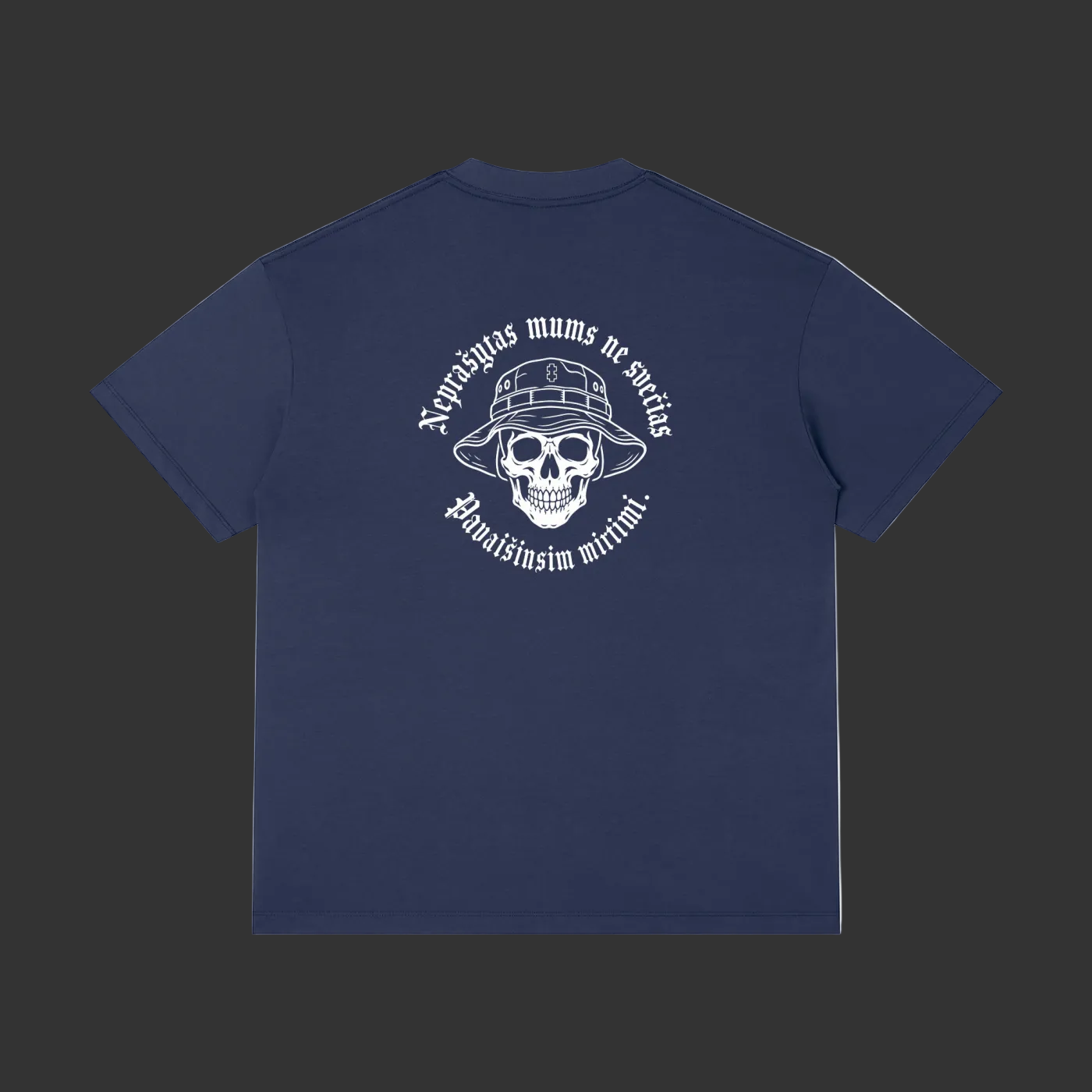 Navy blue t-shirt with white skull graphic and text on a white background