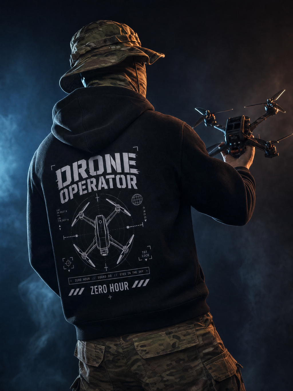 Person wearing a hoodie with 'Drone Operator' text holding a drone against a dark background