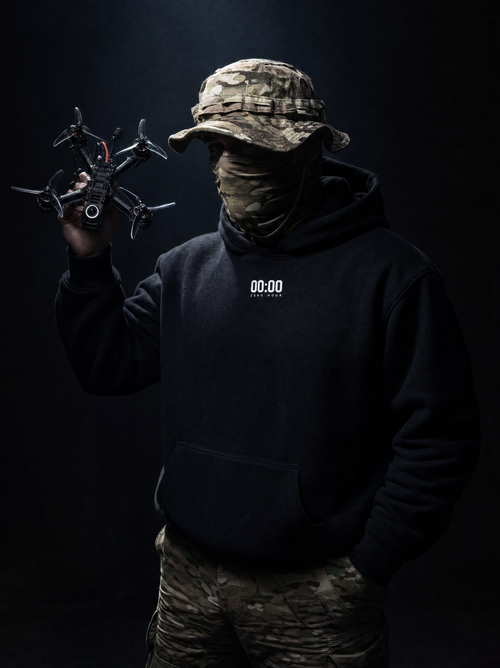 Person in camouflage gear holding a drone against a dark background