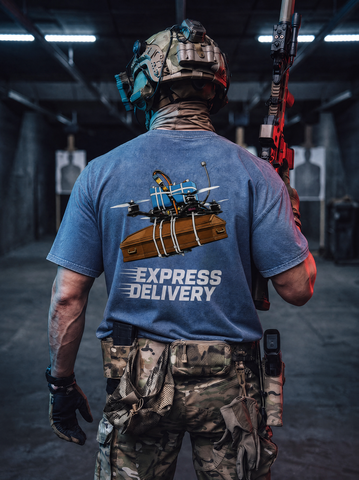 A person at a shooting range seen from behind, wearing a blue graphic T-shirt with a drone and the words 'EXPRESS DELIVERY' on the back, camouflage pants, and a tactical helmet.