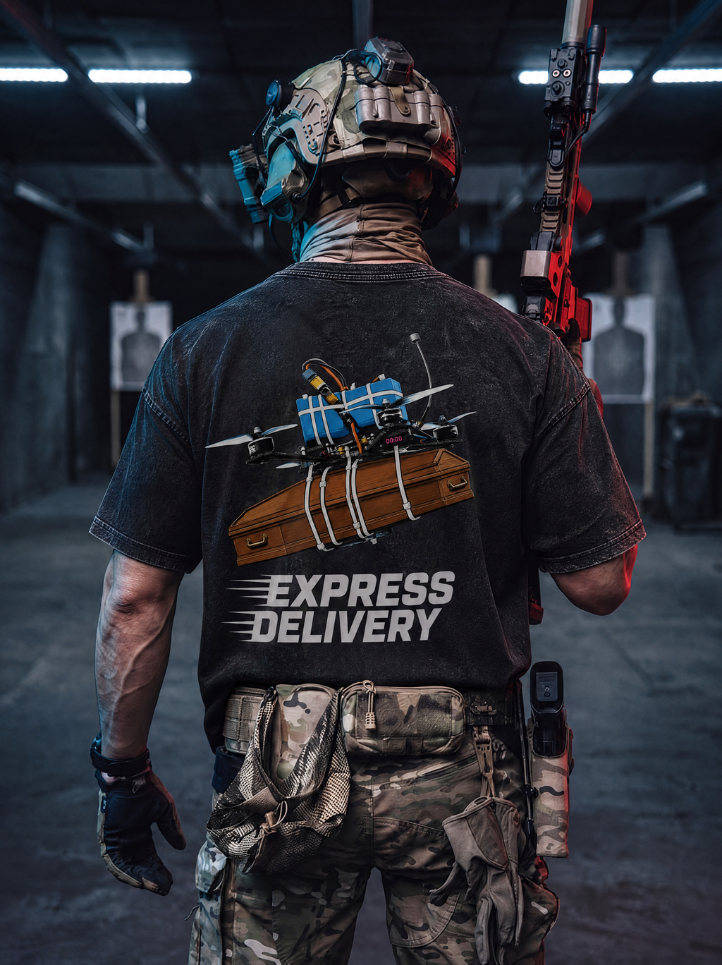 A person standing at a shooting range, viewed from behind, wearing a black graphic t-shirt with a drone and box illustration above the words 'EXPRESS DELIVERY'. The person is also wearing camouflage pants and a helmet, holding a rifle.