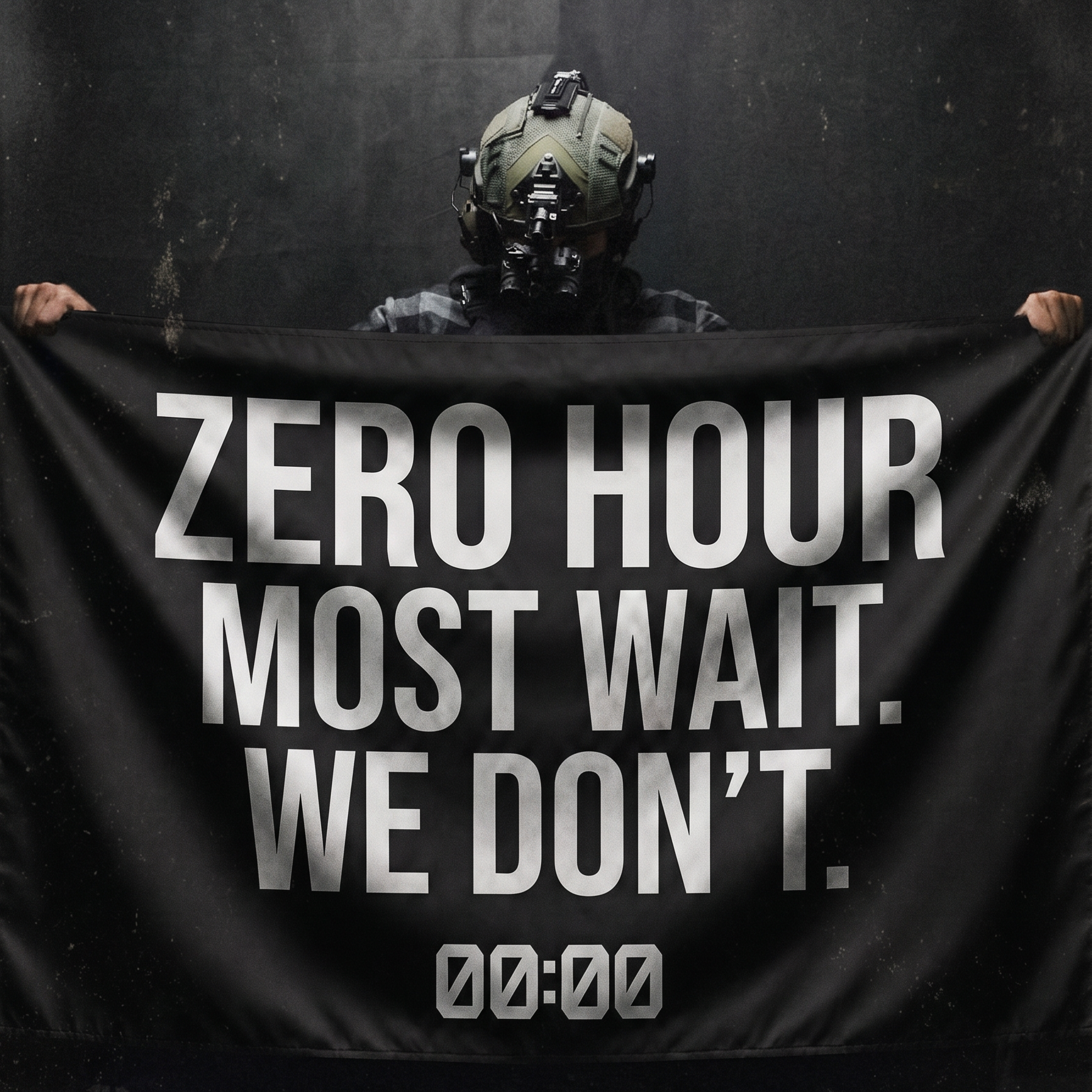 Person holding a flag with text 'Zero Hour Most Wait. We Don't.' on a dark background