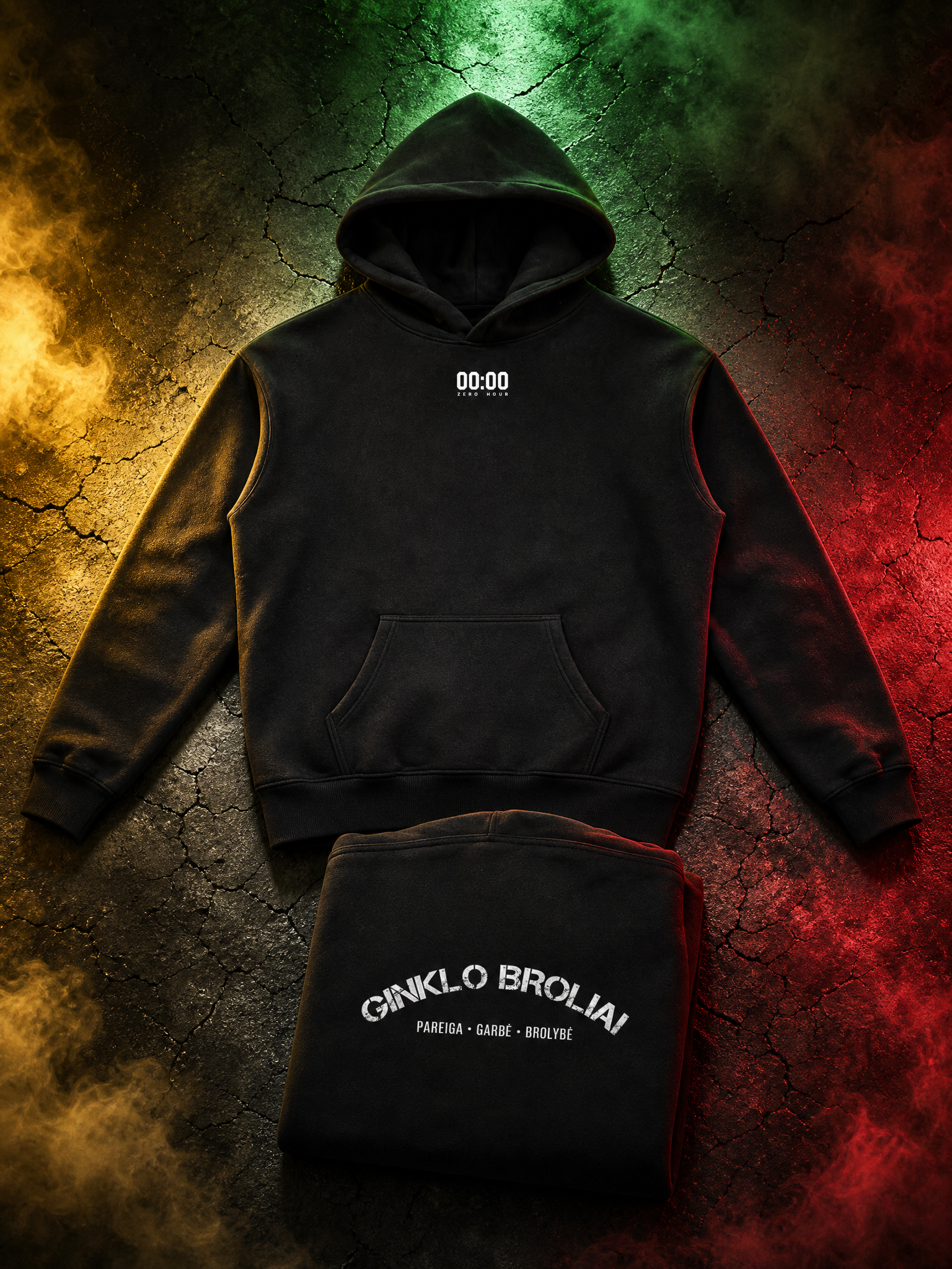 Black hoodie with text on a textured surface with colorful lighting