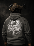 A person shown from the back wearing a dark gray hoodie with a large white 'GLOBAL GLOCK CLUB' graphic printed on the back, including a globe and bullet motifs. The person is also wearing a tactical helmet with mounted lights against a dark textured background.