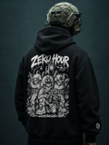 Person wearing a black hoodie with 'Zero Hour' graphic design on the back against a dark background