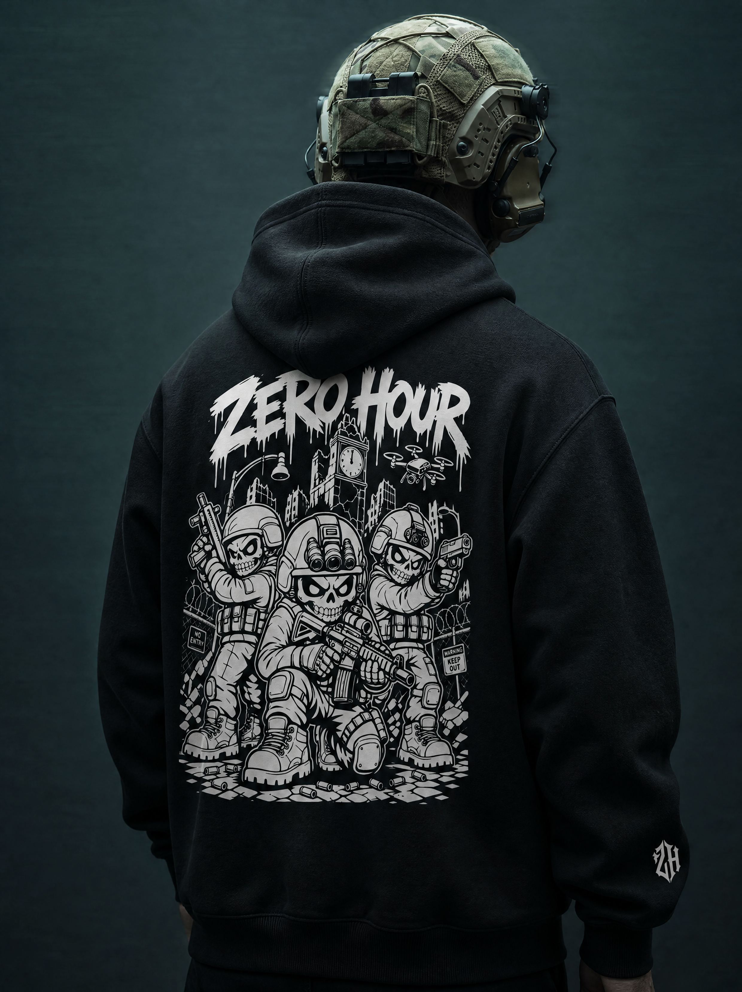 Person wearing a black hoodie with 'Zero Hour' graphic design on the back against a dark background