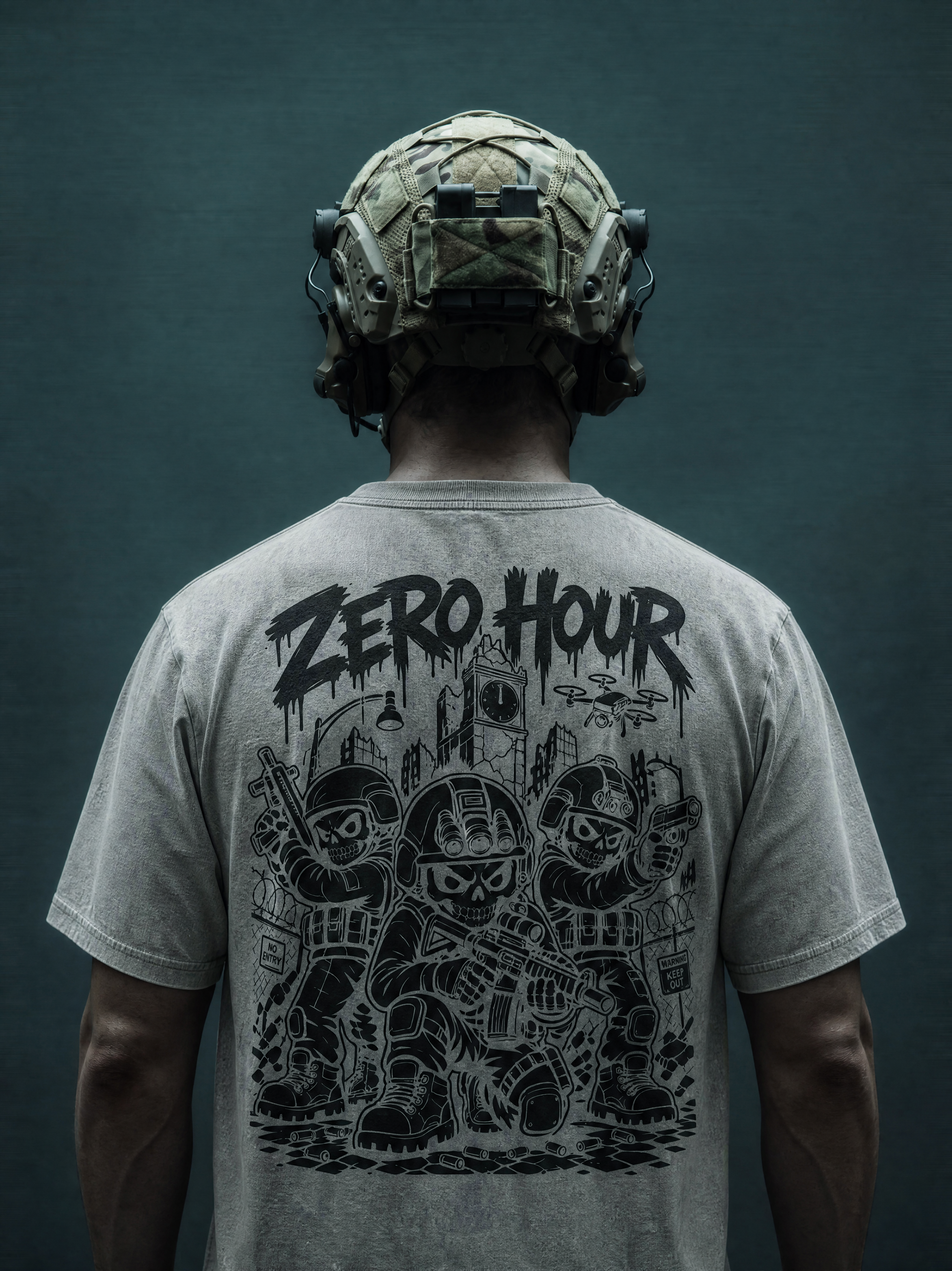 Person wearing a helmet and gray t-shirt with 'Zero Hour' graphic design on a dark background