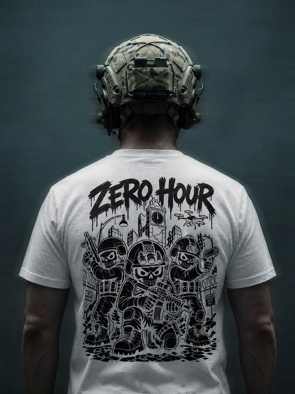 Person wearing a white t-shirt with 'Zero Hour' design and a helmet on a dark background