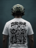 Person wearing a white t-shirt with 'Zero Hour' design and a helmet on a dark background