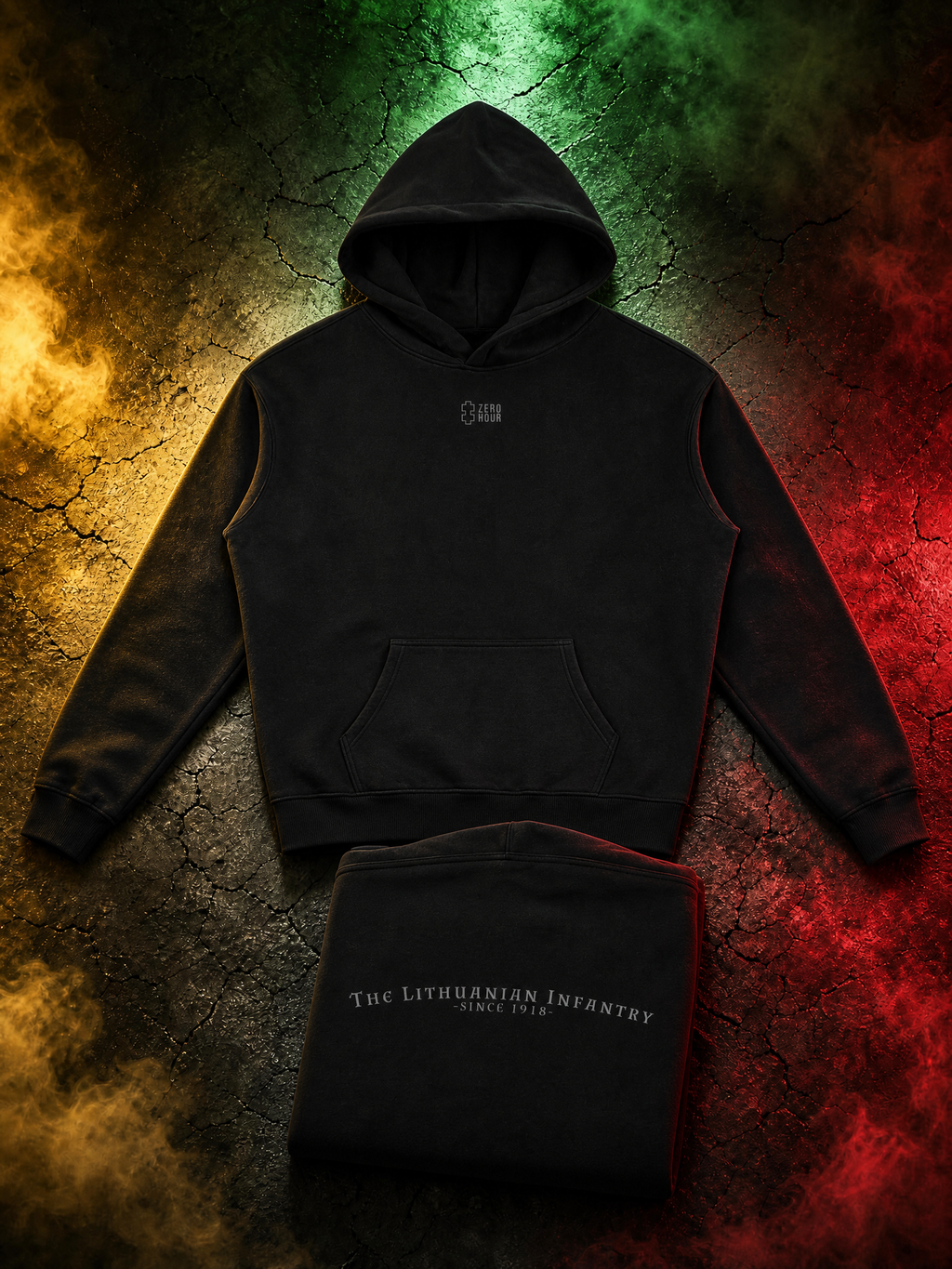 Black hoodie with text on a textured surface with colorful lighting