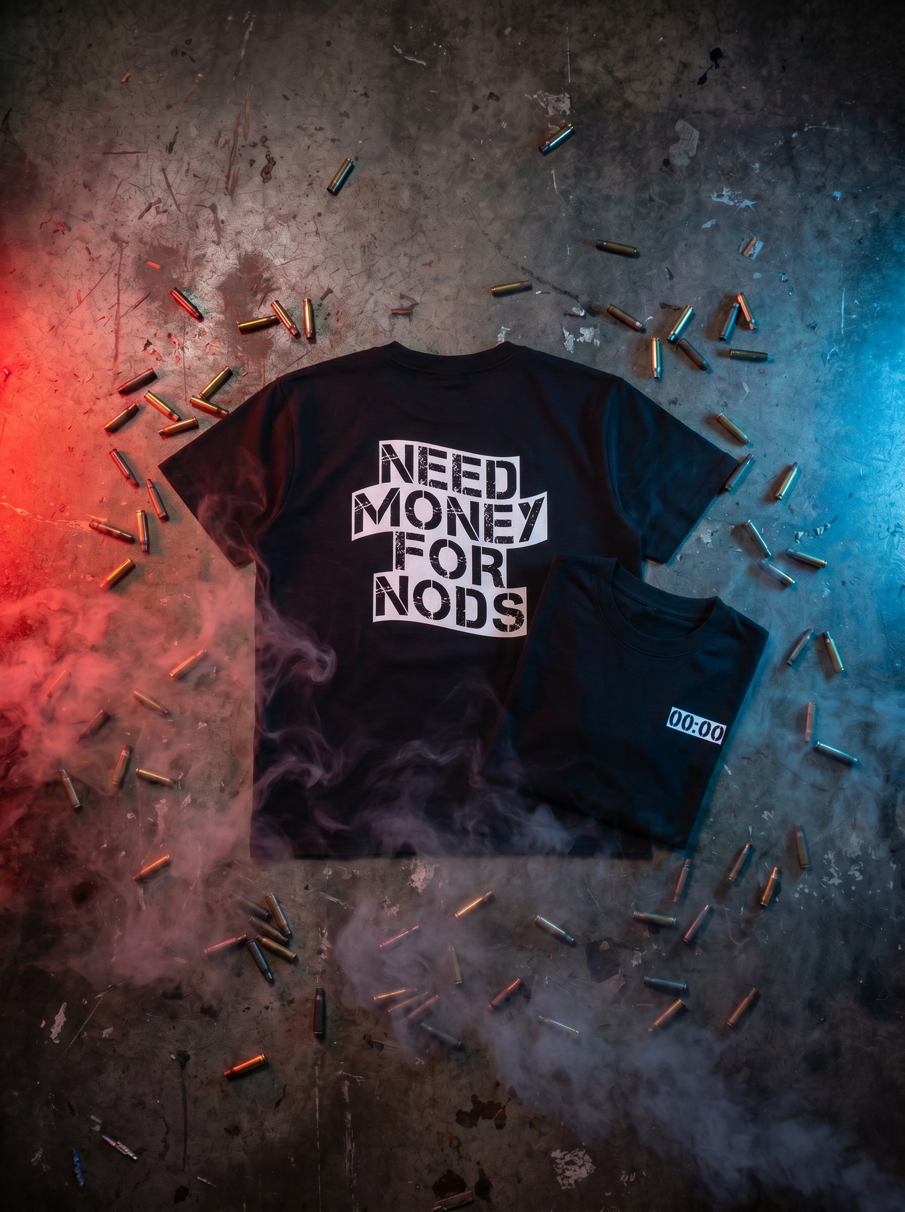 Black t-shirt with 'NEED MONEY FOR NODS' text on a textured surface with bullet casings.