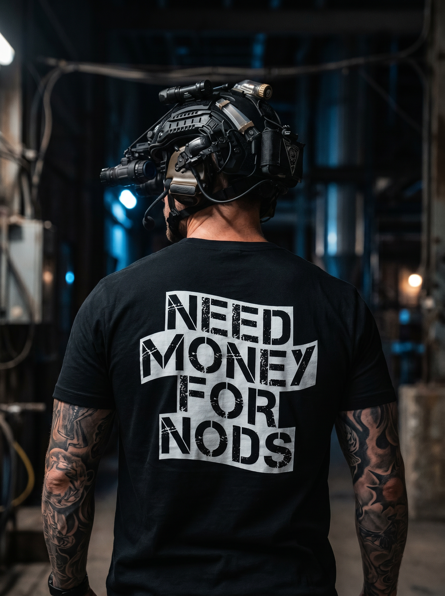 Person wearing a black t-shirt with 'NEED MONEY FOR NODS' text, standing in a dark industrial setting.