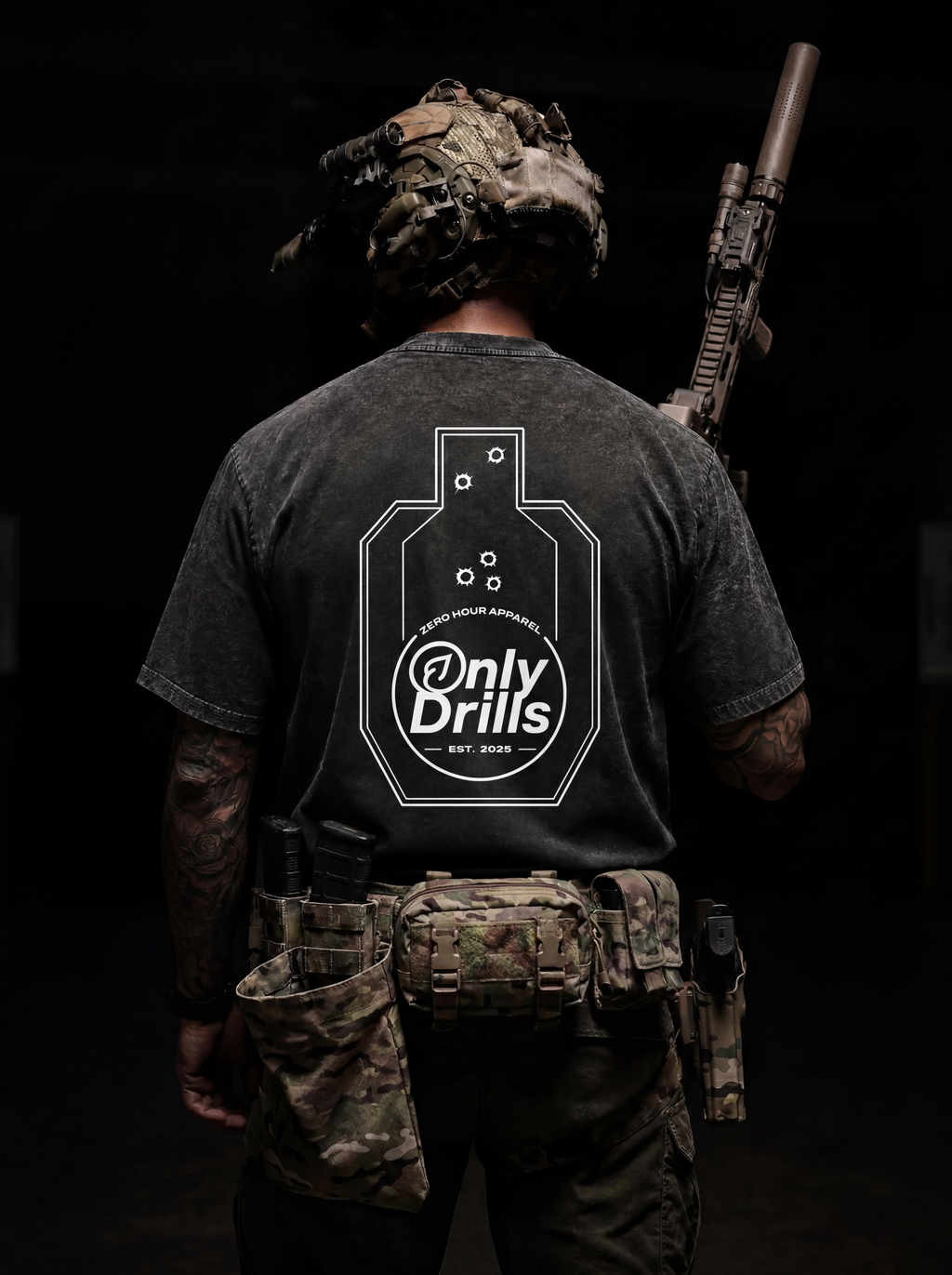 Person wearing a tactical outfit with 'Only Drills' logo on a dark background