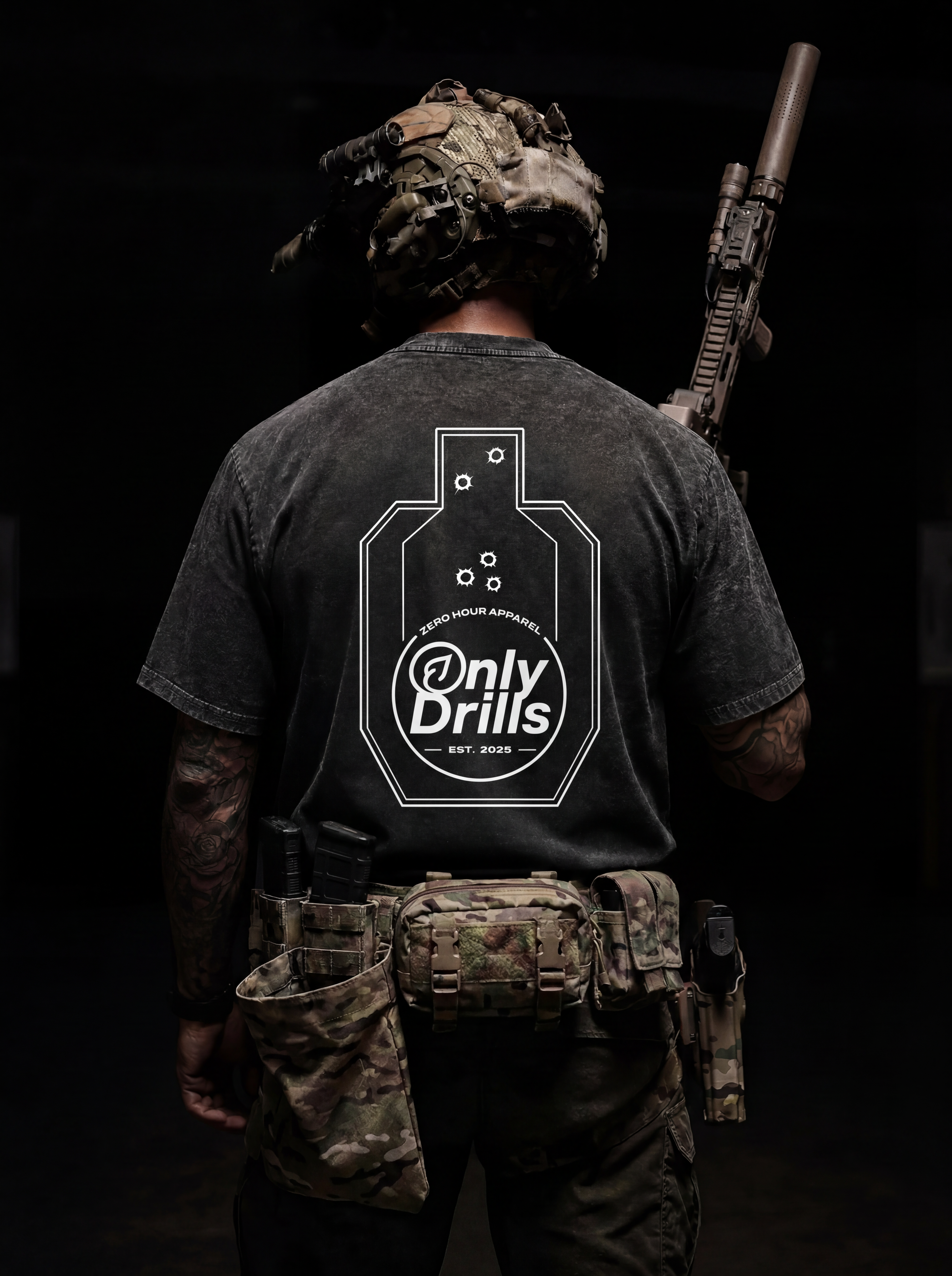 Person wearing a tactical outfit with 'Only Drills' logo on a dark background