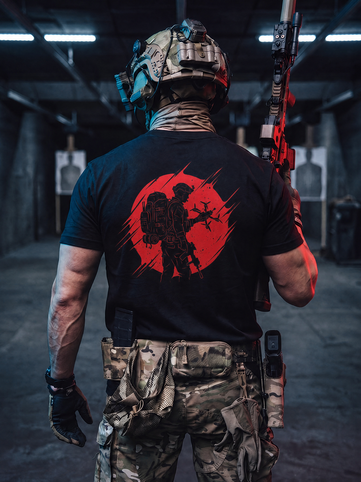 A person viewed from behind wearing a black graphic T-shirt with a large red circular soldier silhouette print, camouflage tactical pants, a helmet, and gloves, standing in a dim indoor shooting range while holding a rifle.