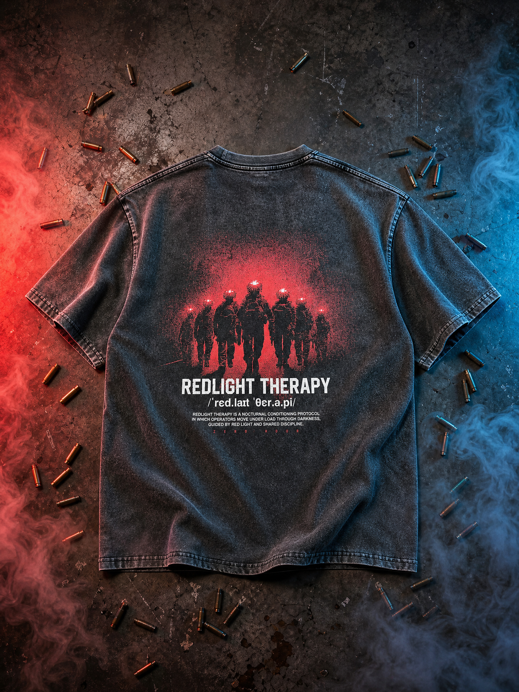 Black t-shirt with red graphic and text on a dark background with bullet casings.