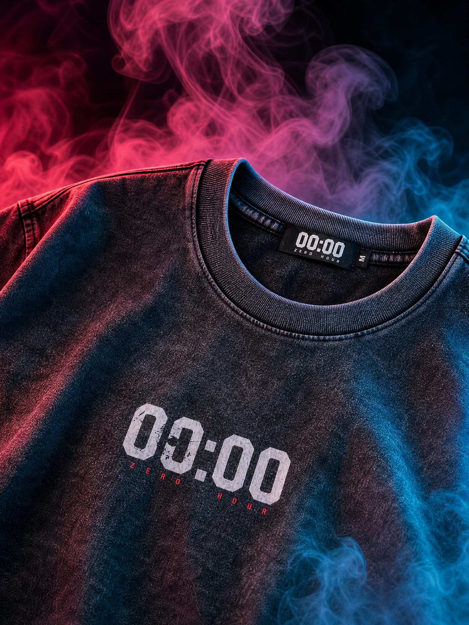 Black sweatshirt with '00:00' text in front of colorful smoke