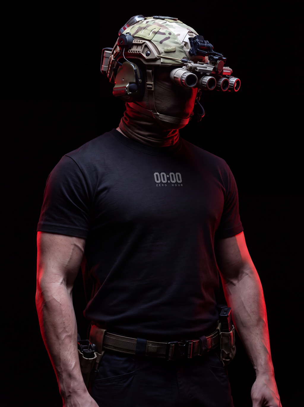 A muscular man wearing tactical gear, including a black t-shirt with a digital clock graphic, a helmet with night vision goggles, and a tactical belt, set against a solid black background with dramatic red lighting.
