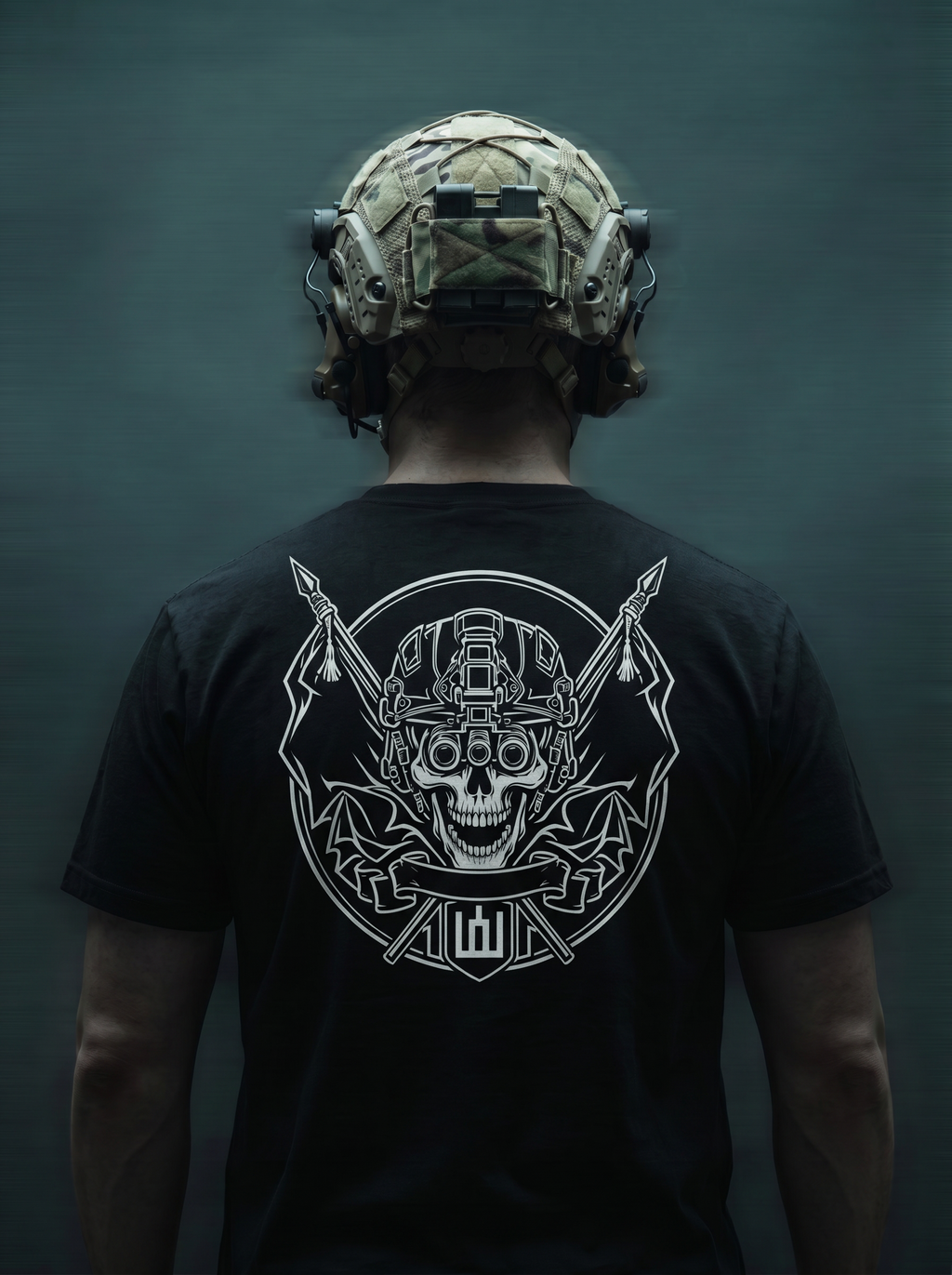 Person wearing a black t-shirt with a white graphic design on the back, against a dark background.