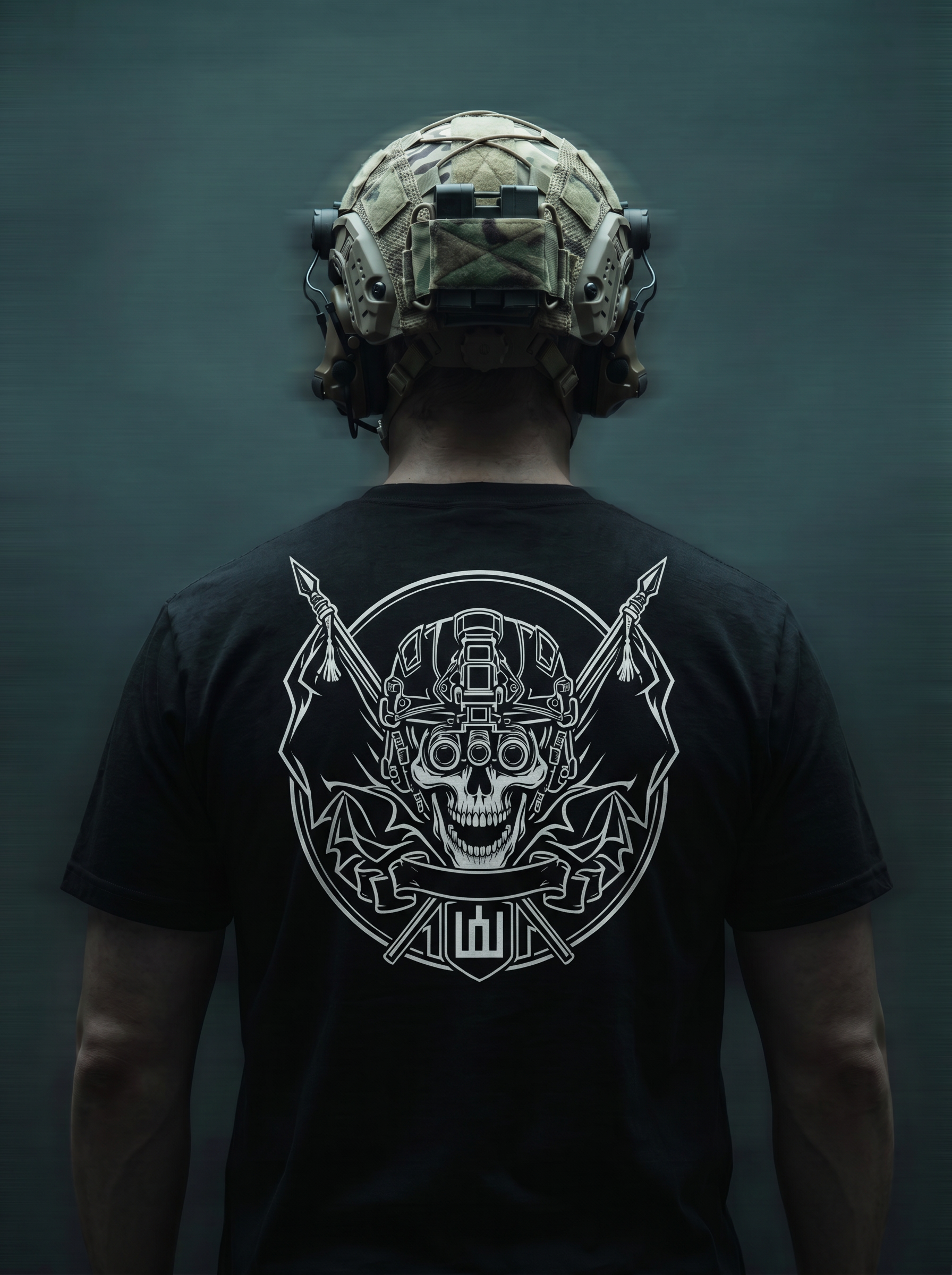 Person wearing a black t-shirt with a white graphic design on the back, against a dark background.