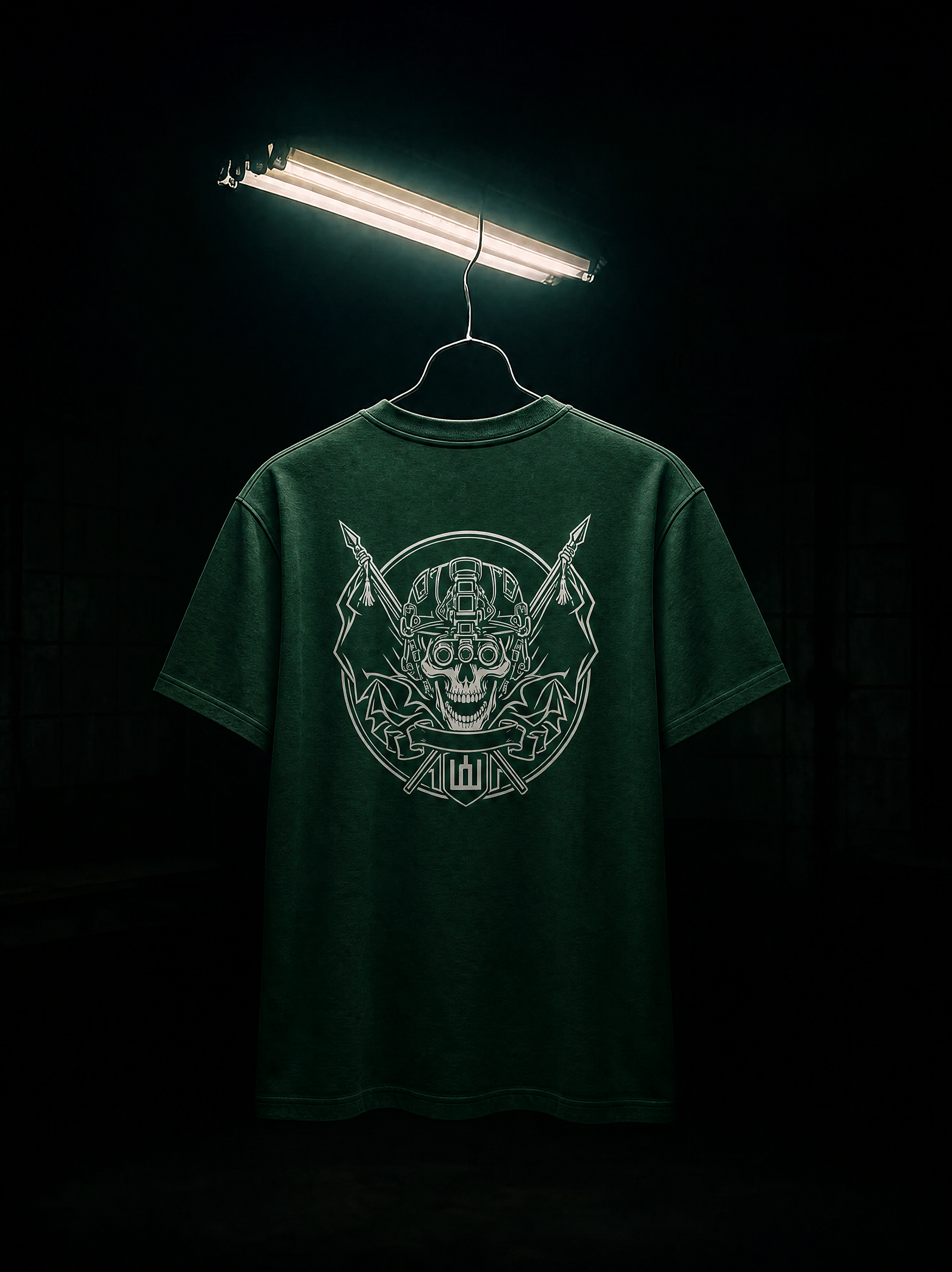 Green t-shirt with a skull design on a hanger under a black light