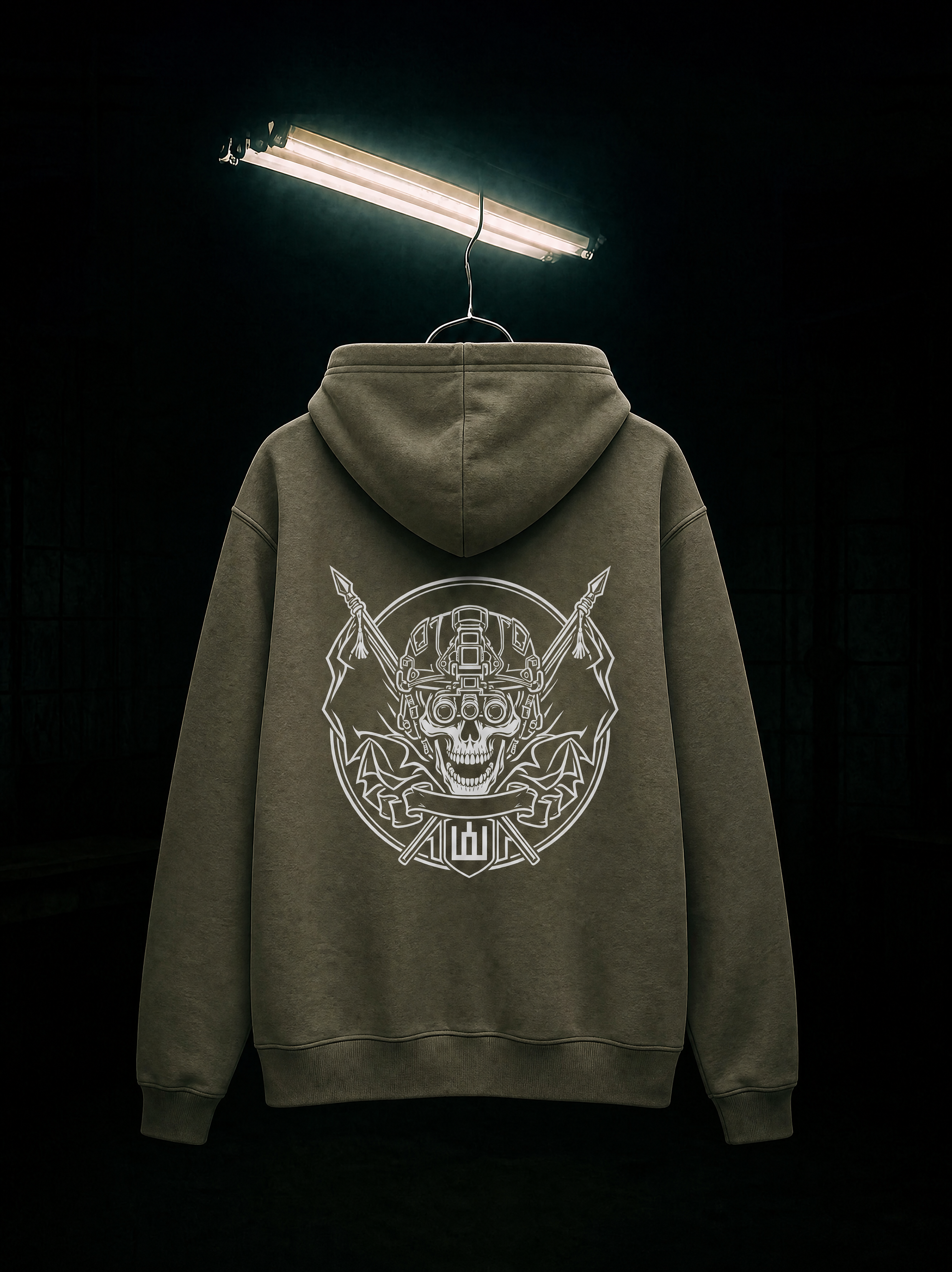 Green hoodie with a skull design on the back, hanging against a black background.
