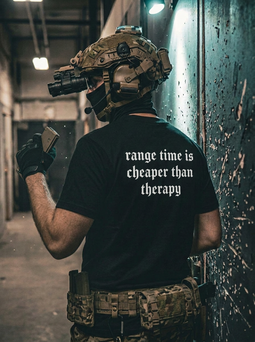Man in tactical gear, with tactical helmet equiped with night vision device, wearing tactical black shirt with text "range time is cheaper than therapy"