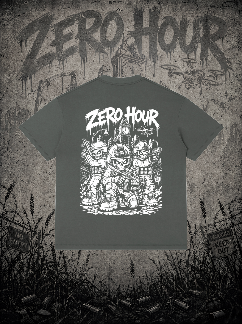 T-shirt with 'Zero Hour' graphic design on a textured background